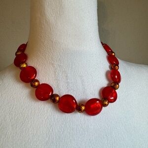 Vintage Inspired Red Resin and Gold Crackled Cats Eye Beaded Necklace